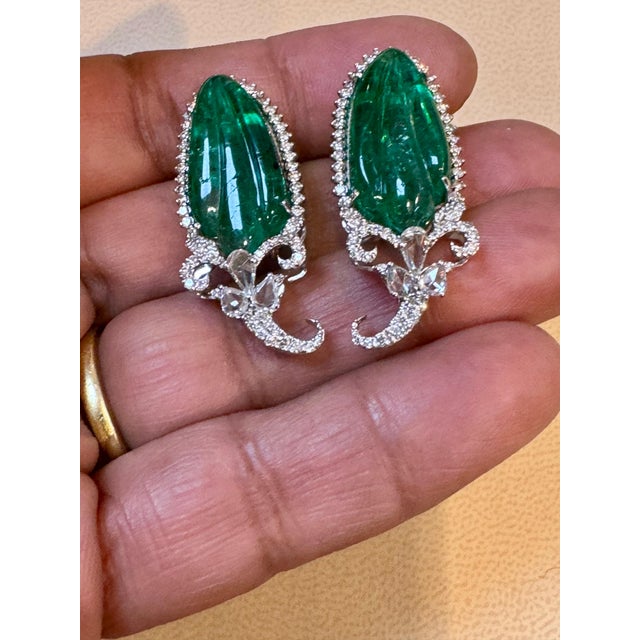 22 Ct Carved Emerald & 2 Ct Diamond Earrings 18 Karat White Gold Post Earrings For Sale In New York - Image 6 of 8