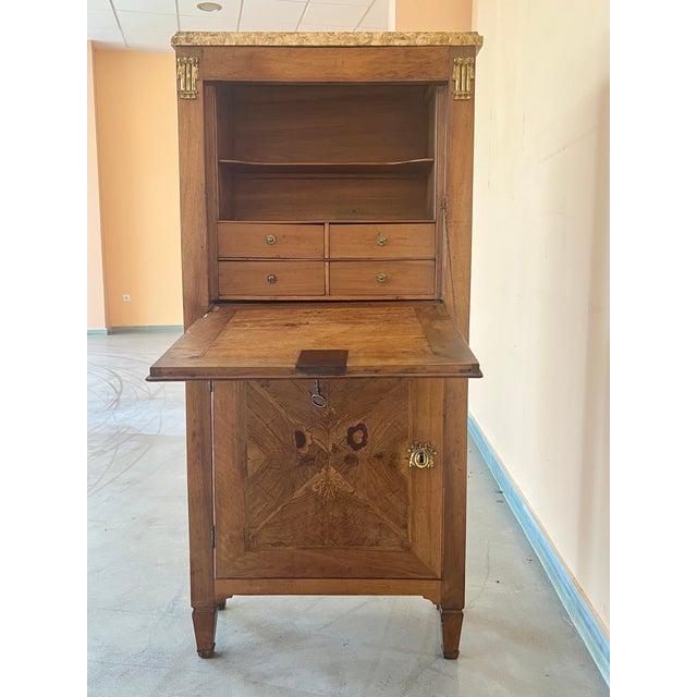19th Century French Drop-Front Marquetry Oak Secretary Desk or Abattant For Sale - Image 4 of 10