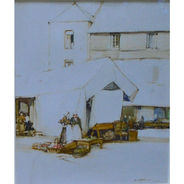 An original watercolor on paper painting by Harry Tittensor, British artist 1887-1942, "The Market Place, Quimperle...