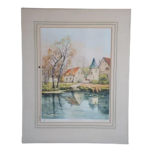 Vintage German Hand Signed Colored Etching European Cottage River Landscape 18"