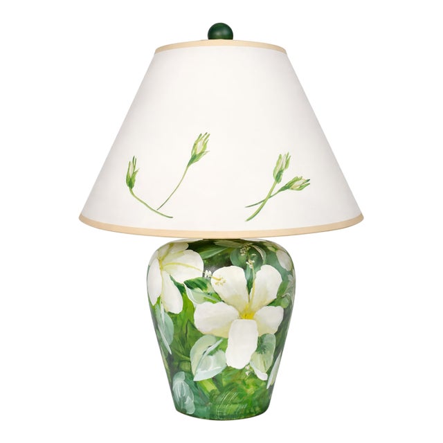 Vintage Hand-Painted Magnolia Floral Table Lamp With Painted Shade For Sale