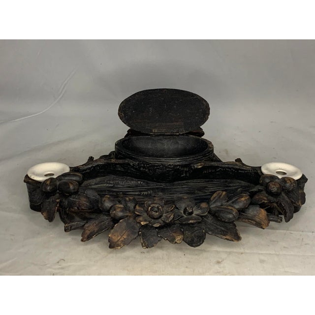 Rustic Antique Black Forest Capercaillie Double Inkwell: Hand Carved Fowl Decor For Sale - Image 3 of 10