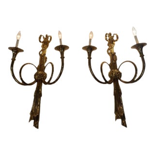 Vintage Brass Horn Motif Sconces - a Pair For Sale