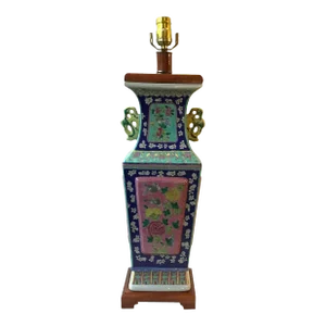 1960s Asian Floral Hand Painted Ceramic Table Lamp