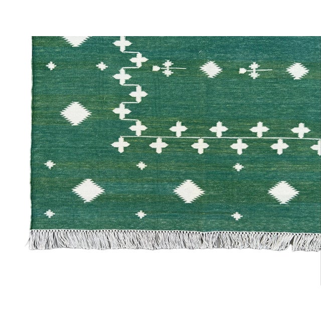 Not Yet Made - Made To Order Handmade Cotton Rug Natural Vegetable Dyed Flat Weave Green White Shooting Star Dhurrie - 6'x9' For Sale - Image 10 of 11