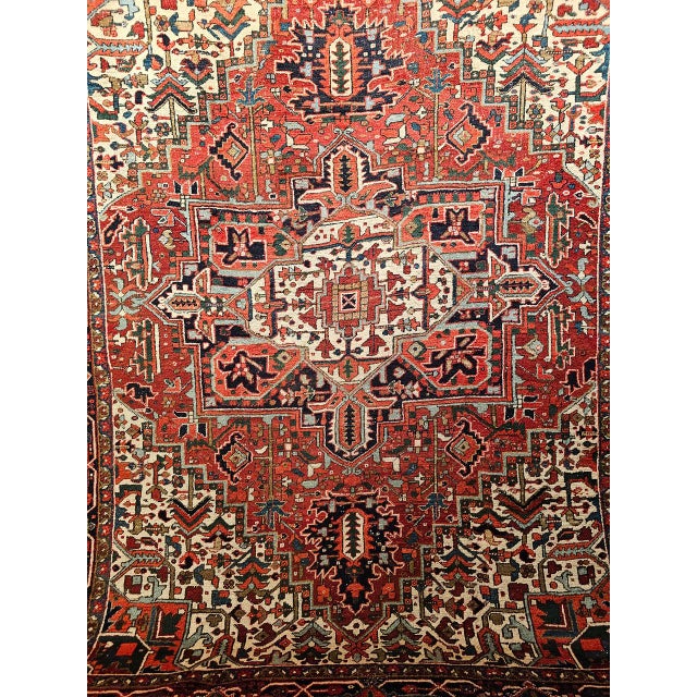 Vintage Persian Heriz Rug, Hand-Knotted Wool, Geometric Medallion Pattern, Red & Navy, 9x11 For Sale - Image 11 of 17