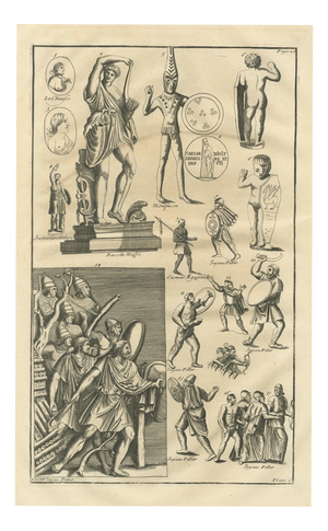 Montfaucon, Archers, Slingers and Barbarian Warriors from Trajans Column, 1722, Engraving