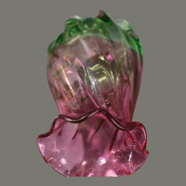 Glass Vintage Art Glass Vase Two-Tone Cranberry & Green Ruffled Top For Sale - Image 7 of 7