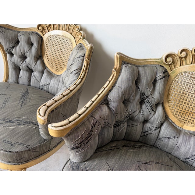 Wood Vintage Hollywood Regency Cane Back Tufted Lounge Chairs - A Pair For Sale - Image 7 of 13