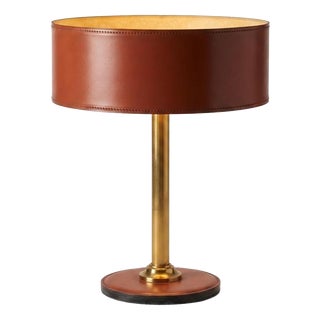 Mid-Century Leather and Brass Table Lamp with Drum Shade, 1950s For Sale