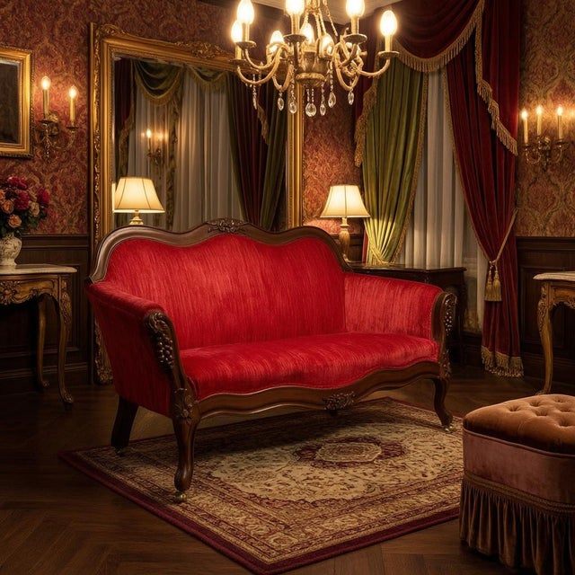 Mid 20th Century The Chateau Salon: Custom French Louis XV Rococo Revival Crimson Velvet Settee For Sale - Image 4 of 14