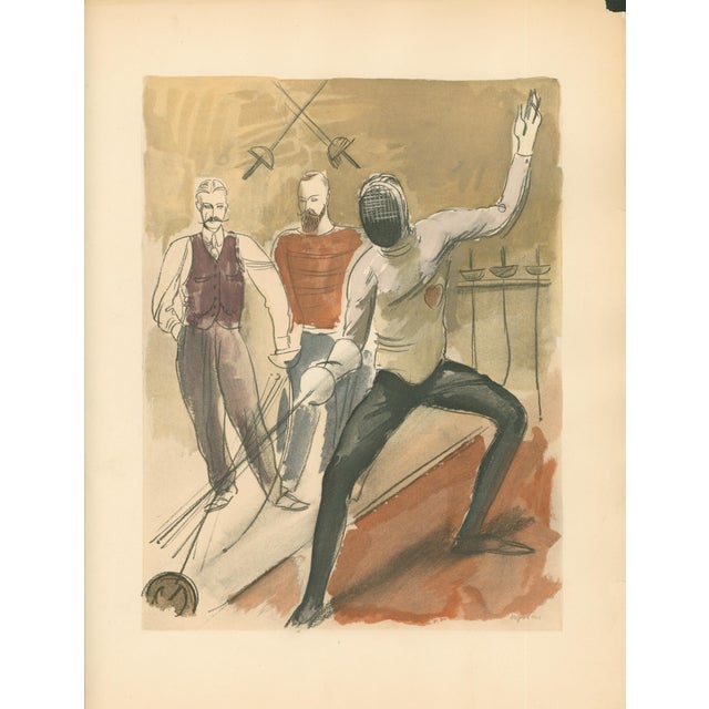 Original 1932 Art Deco sporting print by Milivoj Uzelac depicting a masked fencer lunging while observers stand behind....
