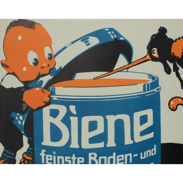A large, original antique poster from around the 1920s advertising Parket-Biene, a German floor and linoleum polish. The...
