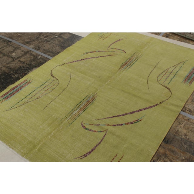 Mid-Century Modern 1960s Vintage Art Deco Rug in Distressed Green, Purple, Geometric Pattern For Sale - Image 3 of 7