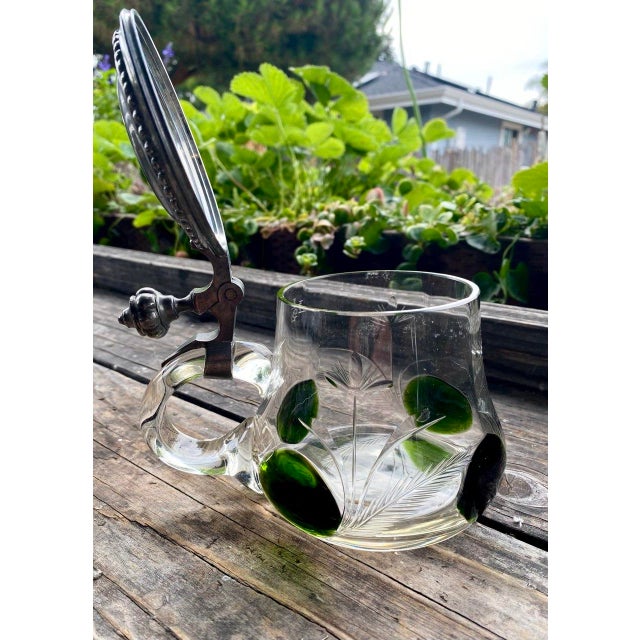 Green Antique German Jugendstil Glass Beer Stein With Green Applied Glass & Pewter Lid, Circa 1900 For Sale - Image 8 of 16