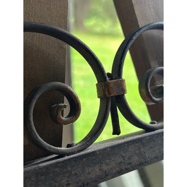 French Provincial Art Nouveau French Style Cast Iron Wall Mirror With Applied Brass Rosettes & Beveled Etched Glass For Sale - Image 3 of 12