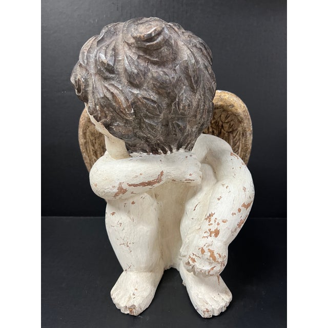 Vintage Carved Solid Wood Sitting Angel With Glass Eyes Sculpture For Sale - Image 4 of 8