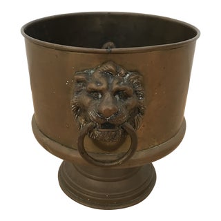 1950s Brass Lion Head Round Planter For Sale