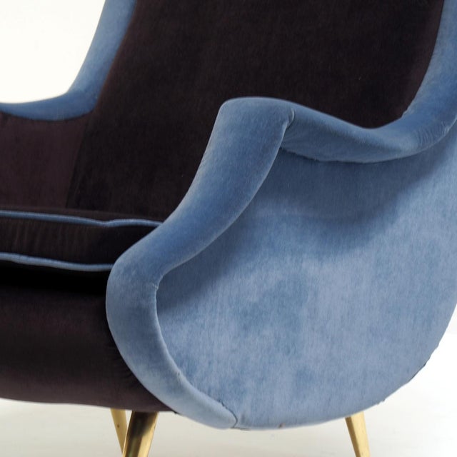 High-Back Lounge Chair in Blue and Mauve Velvet, 1950s For Sale - Image 6 of 11