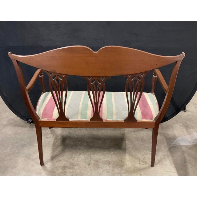 Brick Red Antique Edwardian Settee With Wood and Mother-of-Pearl Inlay For Sale - Image 8 of 8