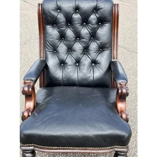 Victorian Black Leather Buttoned Back Armchair For Sale - Image 3 of 11