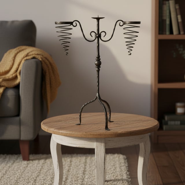 Hand Forged Iron Candelabra 26.5″ (67cm) Sculptural Spiral Single Candle Stand Antique Finish For Sale - Image 6 of 11