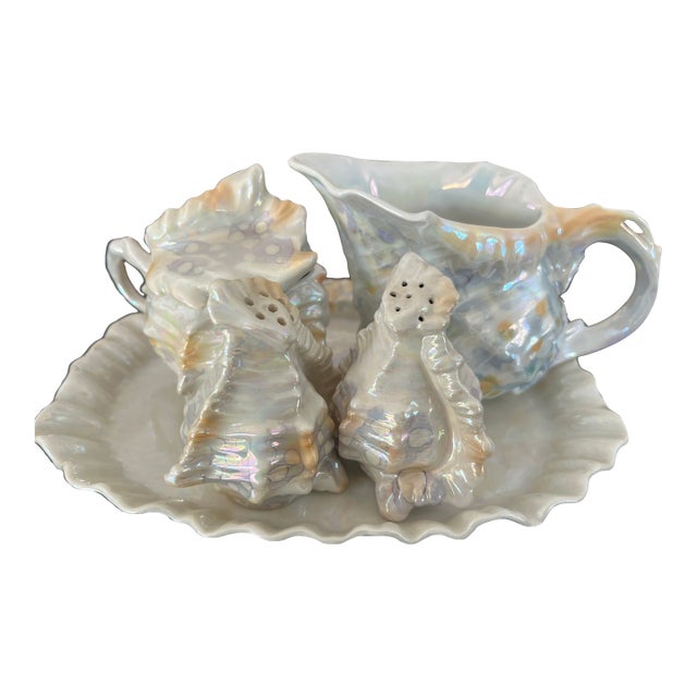 Early 20th Century Conch Shell Sugar, Creamer, Salt, Pepper & Tray by Royal Bayreuth For Sale
