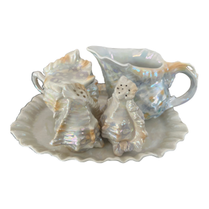Early 20th Century Conch Shell Sugar, Creamer, Salt, Pepper & Tray by Royal Bayreuth