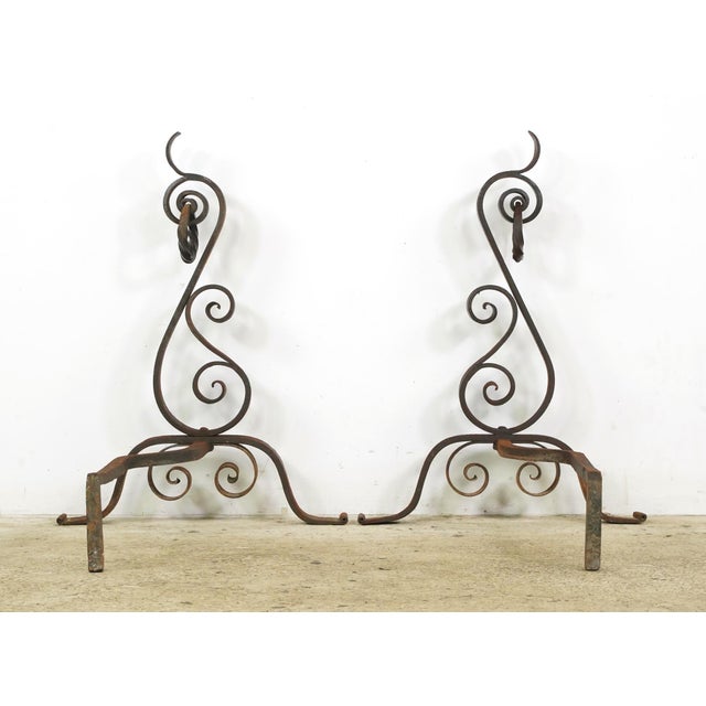 Black Pair of Arts & Crafts Antique Wrought Iron Andirons For Sale - Image 8 of 9