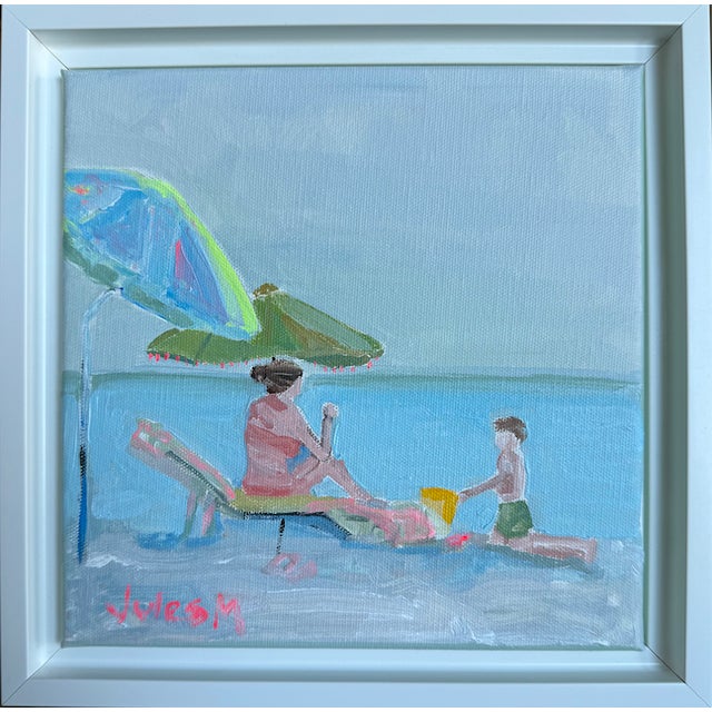 La Playa, Original Acrylic Painting of Woman and Child on the Beach, Framed For Sale