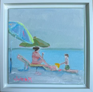 La Playa, Original Acrylic Painting of Woman and Child on the Beach, Framed