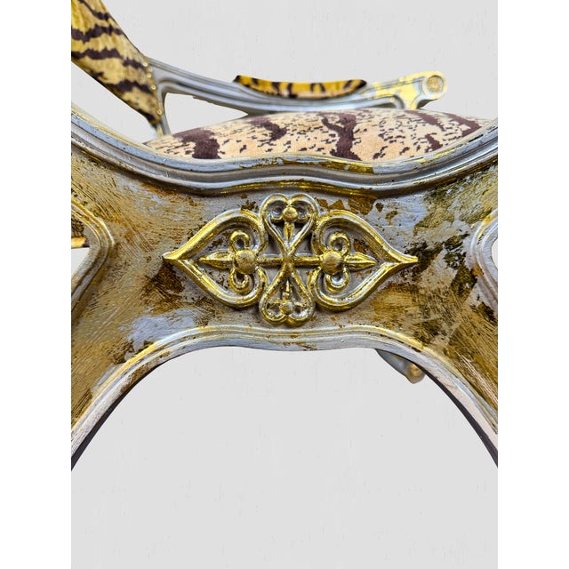 Vintage Curule Style Chair Pair Newly Upholstered Silk Tiger Velvet For Sale - Image 14 of 15