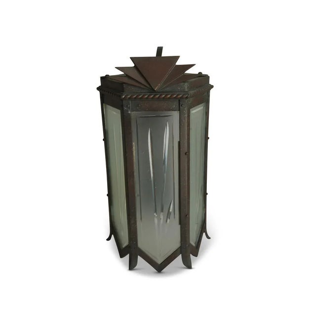 1920s Art Deco Wall Sconce With Graduated Geometric Detailing & Frosted Panes of Etched Glass For Sale - Image 5 of 5