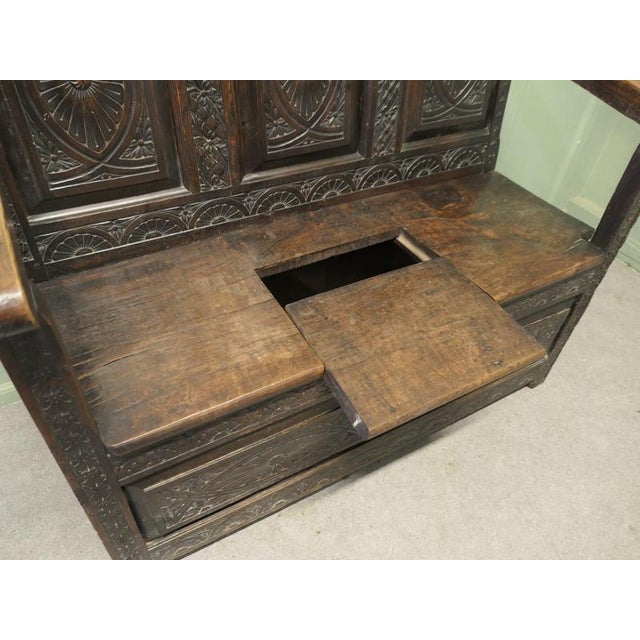 18th Century Carved High Back Oak Box Settle For Sale - Image 3 of 10