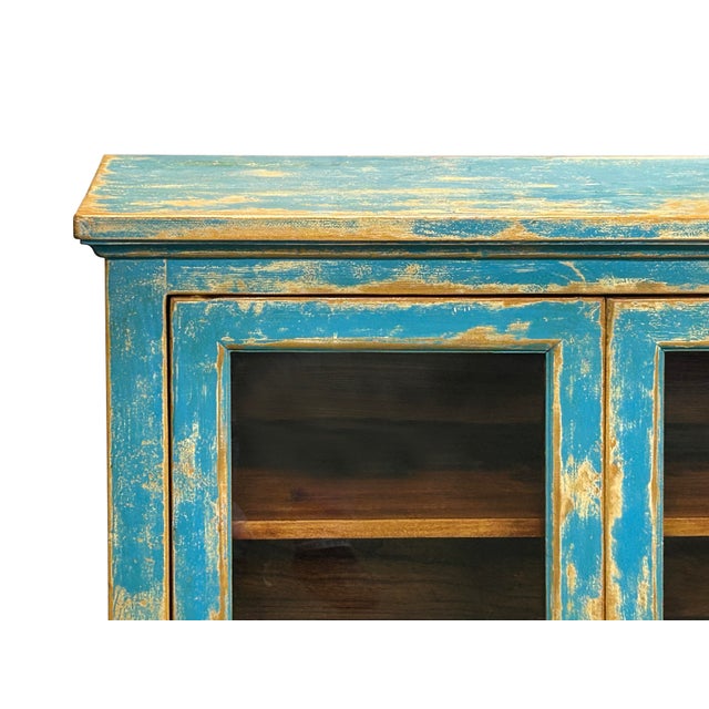 Shabby Chic Turquoise Blue Half-Glass Doors Medium Size Cabinet For Sale - Image 10 of 15