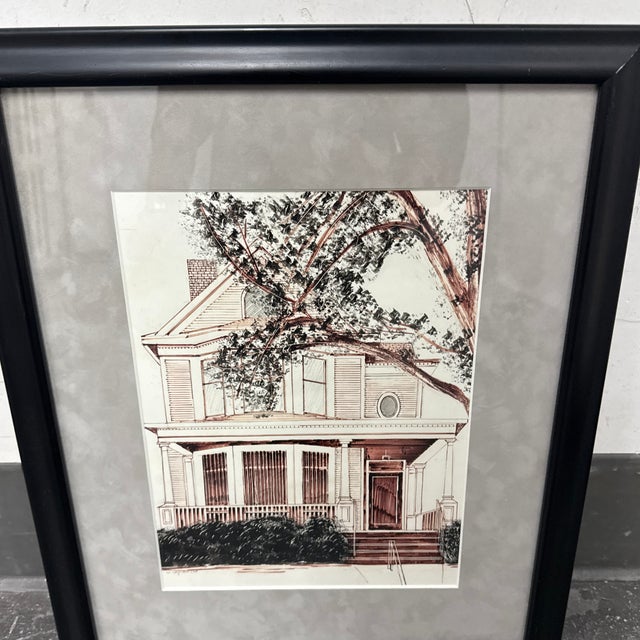 Circa 2005 Signed Original Architectural Sketch of Victorian House, Framed For Sale - Image 9 of 12