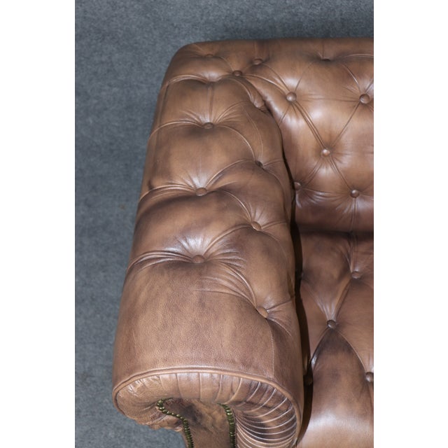 Pair of English Custom Chesterfield Brown Distressed Leather Tufted Club Chairs For Sale - Image 10 of 10