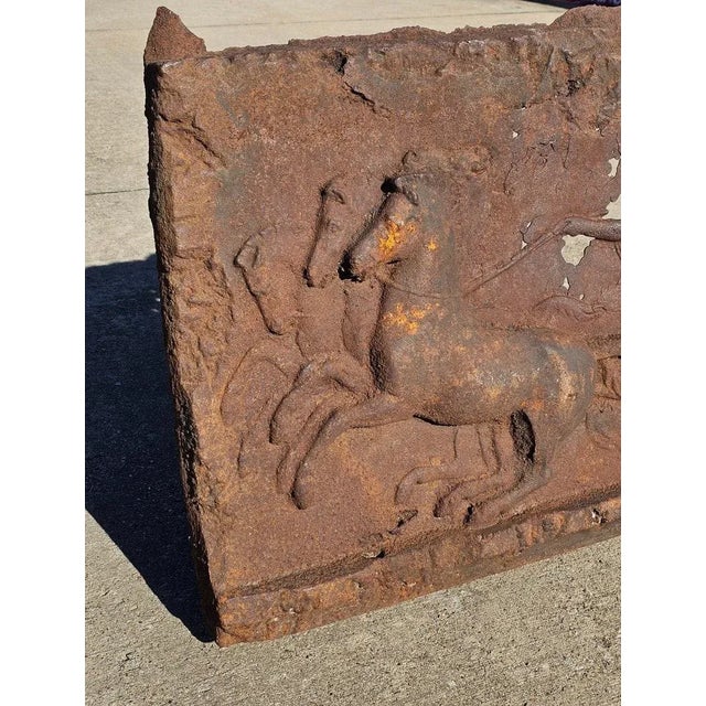 Large Antique Cast Iron Fireplace Fireback Architectural Relief Panel For Sale In Dallas - Image 6 of 10