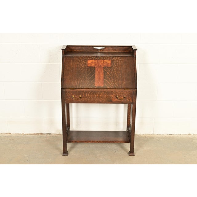 Mission Stickley Brothers Style Antique Mission Oak Arts & Crafts Drop Front Secretary Desk With Inlaid Marquetry, Circa 1910 For Sale - Image 3 of 16