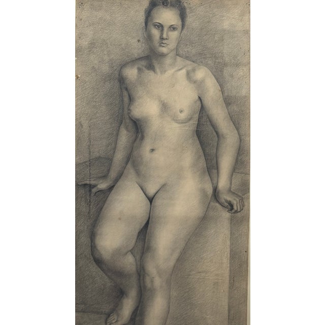 Large graphite drawing of a seated nude woman, probably executed in 1943, with annotations in the lower right corner;...