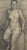 Large graphite drawing of a seated nude woman, probably executed in 1943, with annotations in the lower right corner;...