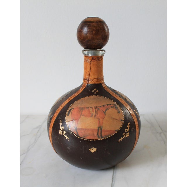 Rustic Vintage Italian Equestrian Leather Wrapped Liquor Decanter For Sale - Image 3 of 13