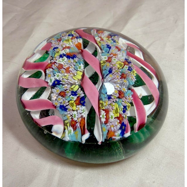 Italian Vintage Hand Blown Italian Murano Art Studio Glass Millefiori Paperweight Ribbon For Sale - Image 3 of 13