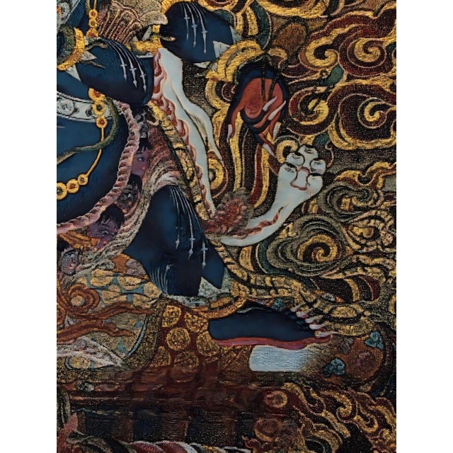 Mid 20th Century Xizang Embroidery and Brocade Thangka Buddha Painting - Wrathful Deity Protector Wall Art - Hand Painted Buddhist Sacred Scroll For Sale - Image 4 of 8