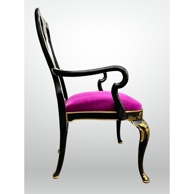 2010s Kindel Queen Anne Hand Painted Chinoiserie Chairs Set of 6 Fuschia Velvet For Sale - Image 5 of 13
