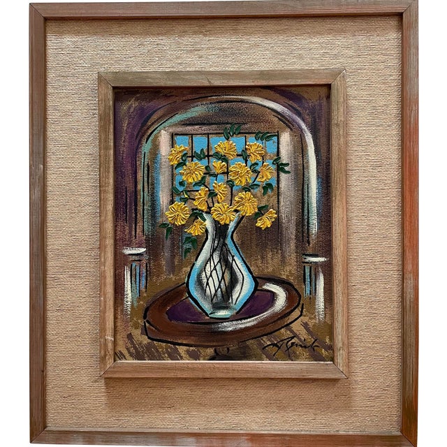 Vintage Mid Century Modern Still Life Buffet Style Oil Painting For Sale