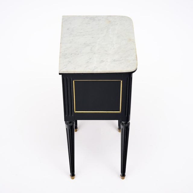 Pair of French Louis XVI Style Ebonized and Brass Marble-Top Side Tables For Sale - Image 9 of 9