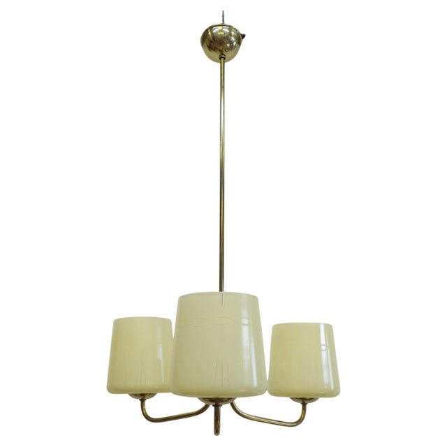 Austrian Mid Century Brass Opaline Glass Chandelier For Sale - Image 11 of 11