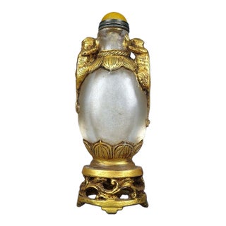 Vintage Gilt Glass Snuff Bottle With Monkey Motif and Stand For Sale