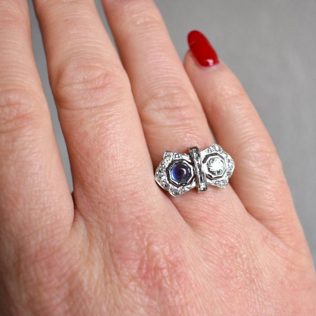 Blue 1920s French Art Deco "Toi Et Moi" Ring – Sapphire, Diamonds, Size 6.75 For Sale - Image 8 of 8